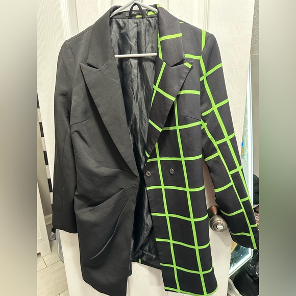 Womens Double Crazy Blazer Jacket Square Pattern Waist Fitted Black/Green Sz S - Picture 5 of 8